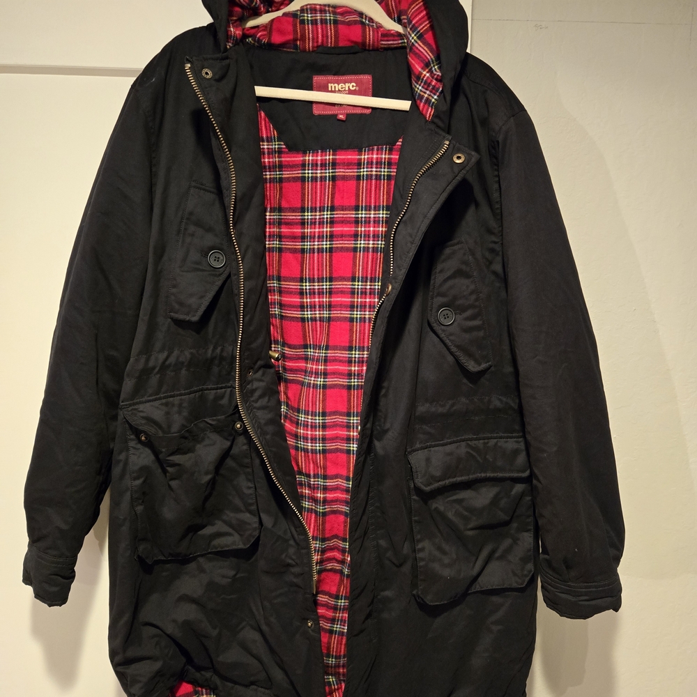 Merc Parka Black Jacket with Red Plaid Lining XL